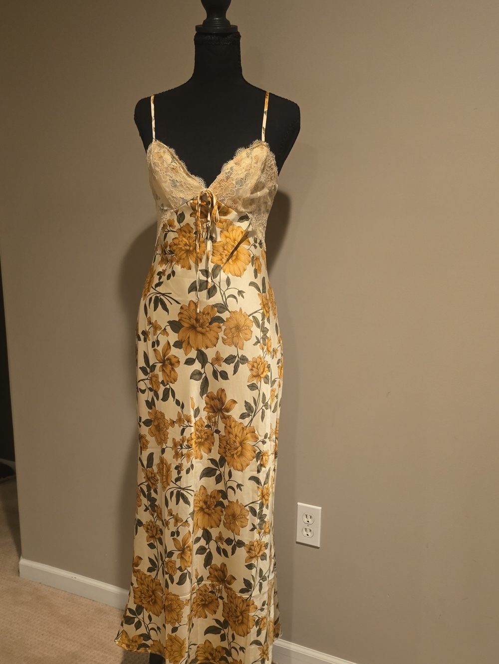 Lace-Trim Cream Maxi Slip Dress with Mustard Floral Print